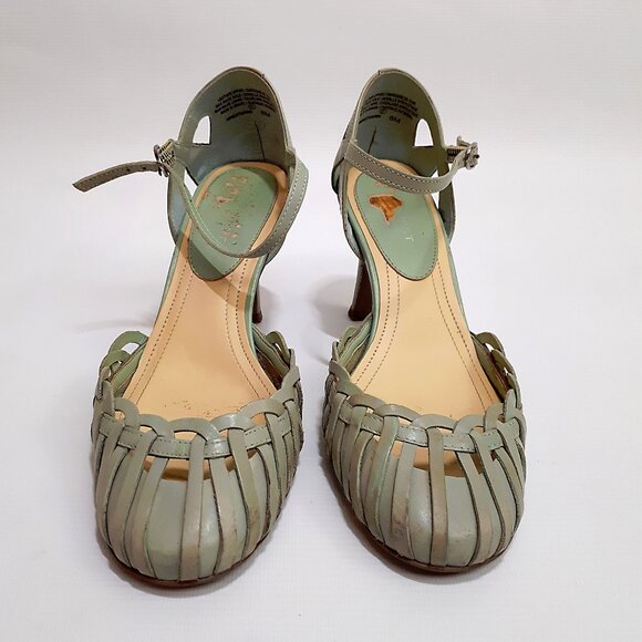 NINE WEST Lattice Weave Heeled Sandals with Ankle Strap in Mint Green Leahter - Picture 3 of 12